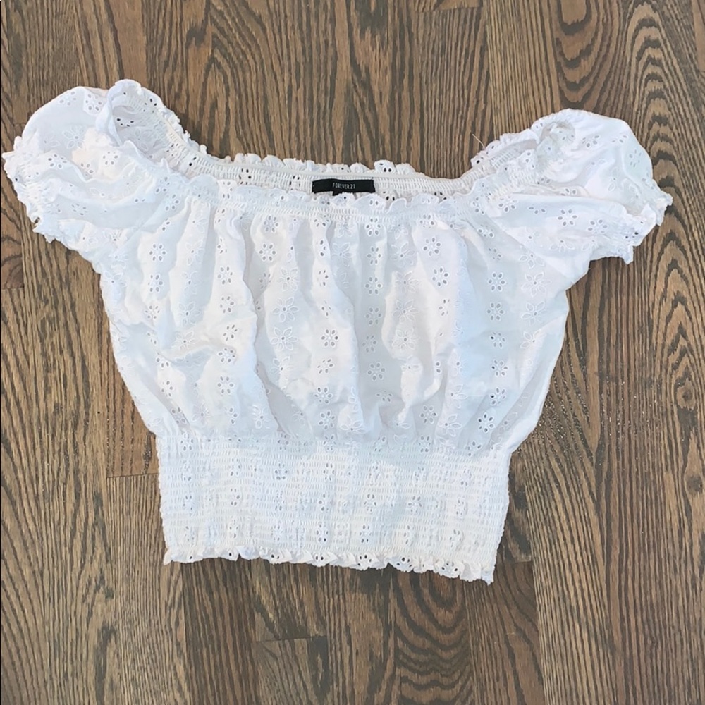 A forever 21 white of the shoulder cropped top.
